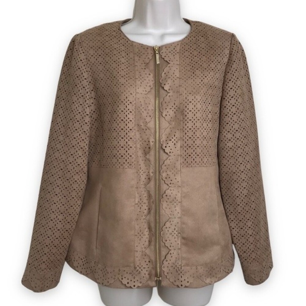 Chicos Faux Suede Perforated Laser Cut Zip Front Long Sleeve Camel Tan Jacket S